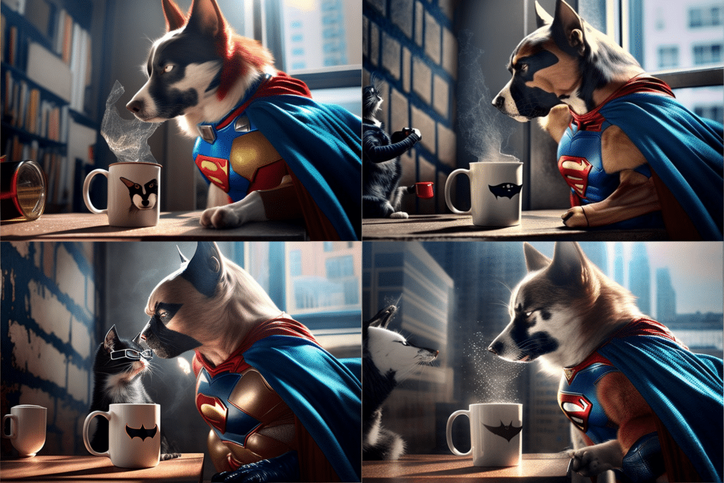 Midjourney of Superhero Dog Drinking Coffee with Cat Sidekick